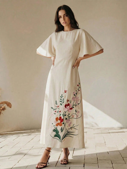 Anewsta Summer Women's Round Neck Short Sleeve Heavy Embroidery Apricot Long Elegant Dress, Elegant Dresses For Women, Apricot Dress