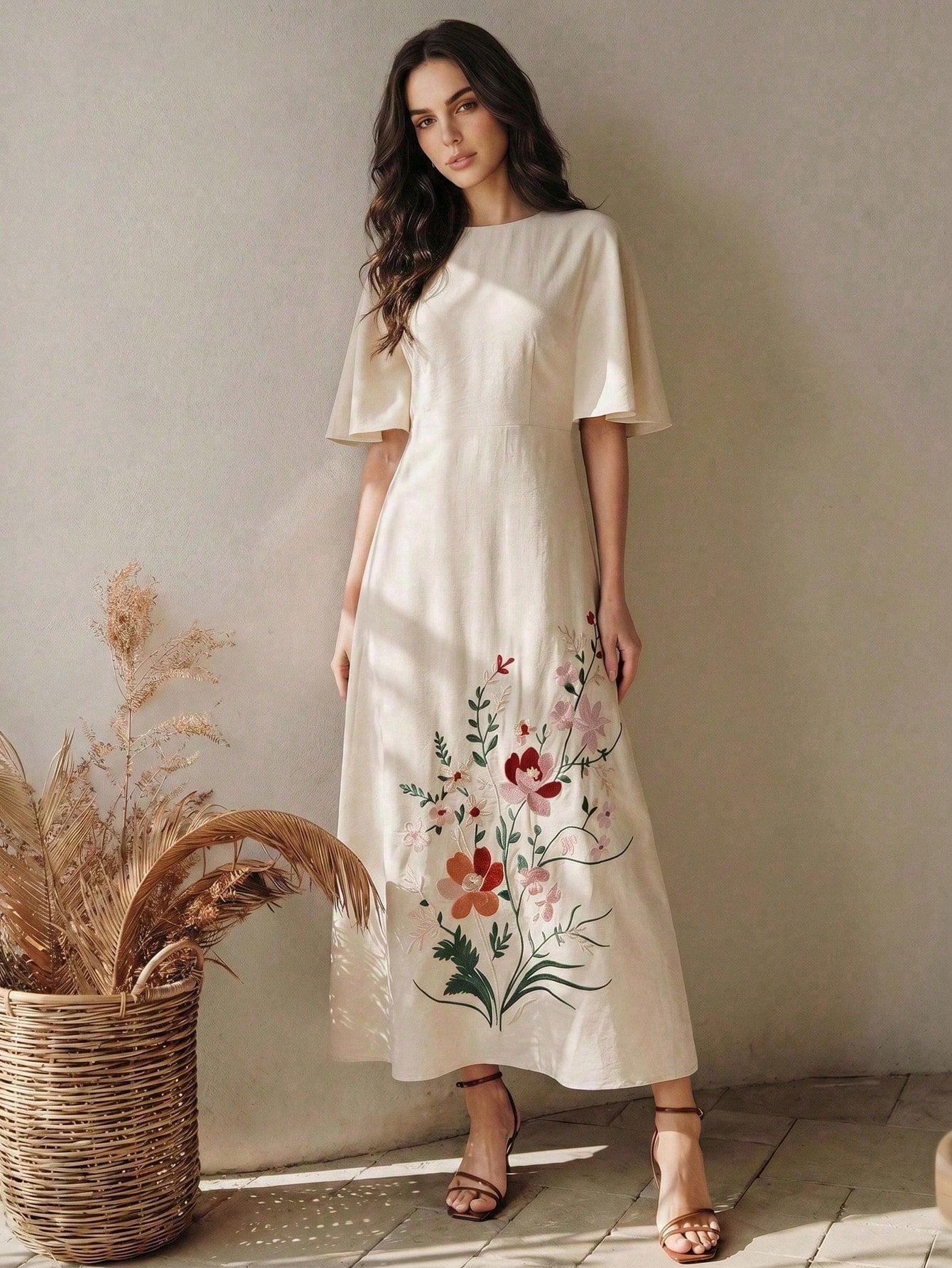 Anewsta Summer Women's Round Neck Short Sleeve Heavy Embroidery Apricot Long Elegant Dress, Elegant Dresses For Women, Apricot Dress