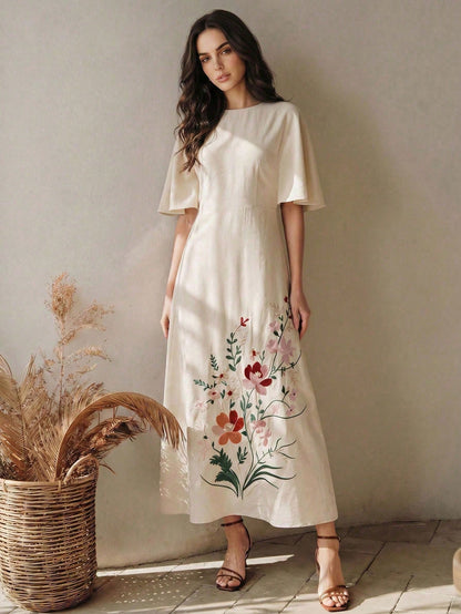 Anewsta Summer Women's Round Neck Short Sleeve Heavy Embroidery Apricot Long Elegant Dress, Elegant Dresses For Women, Apricot Dress