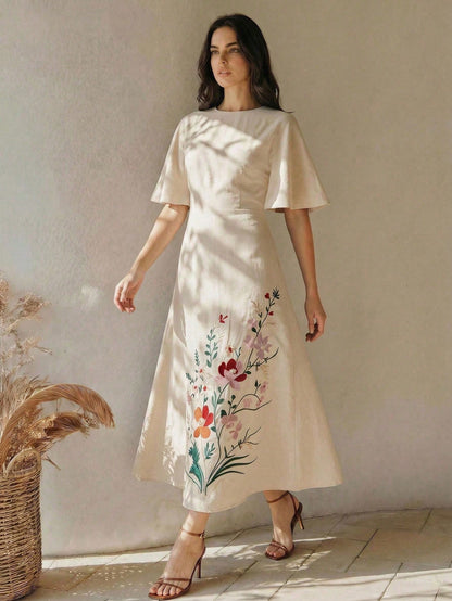Anewsta Summer Women's Round Neck Short Sleeve Heavy Embroidery Apricot Long Elegant Dress, Elegant Dresses For Women, Apricot Dress