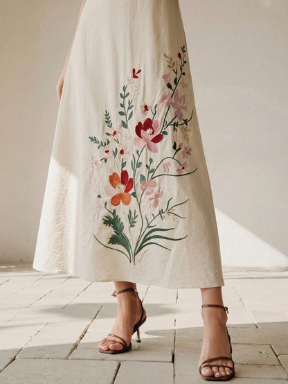 Anewsta Summer Women's Round Neck Short Sleeve Heavy Embroidery Apricot Long Elegant Dress, Elegant Dresses For Women, Apricot Dress