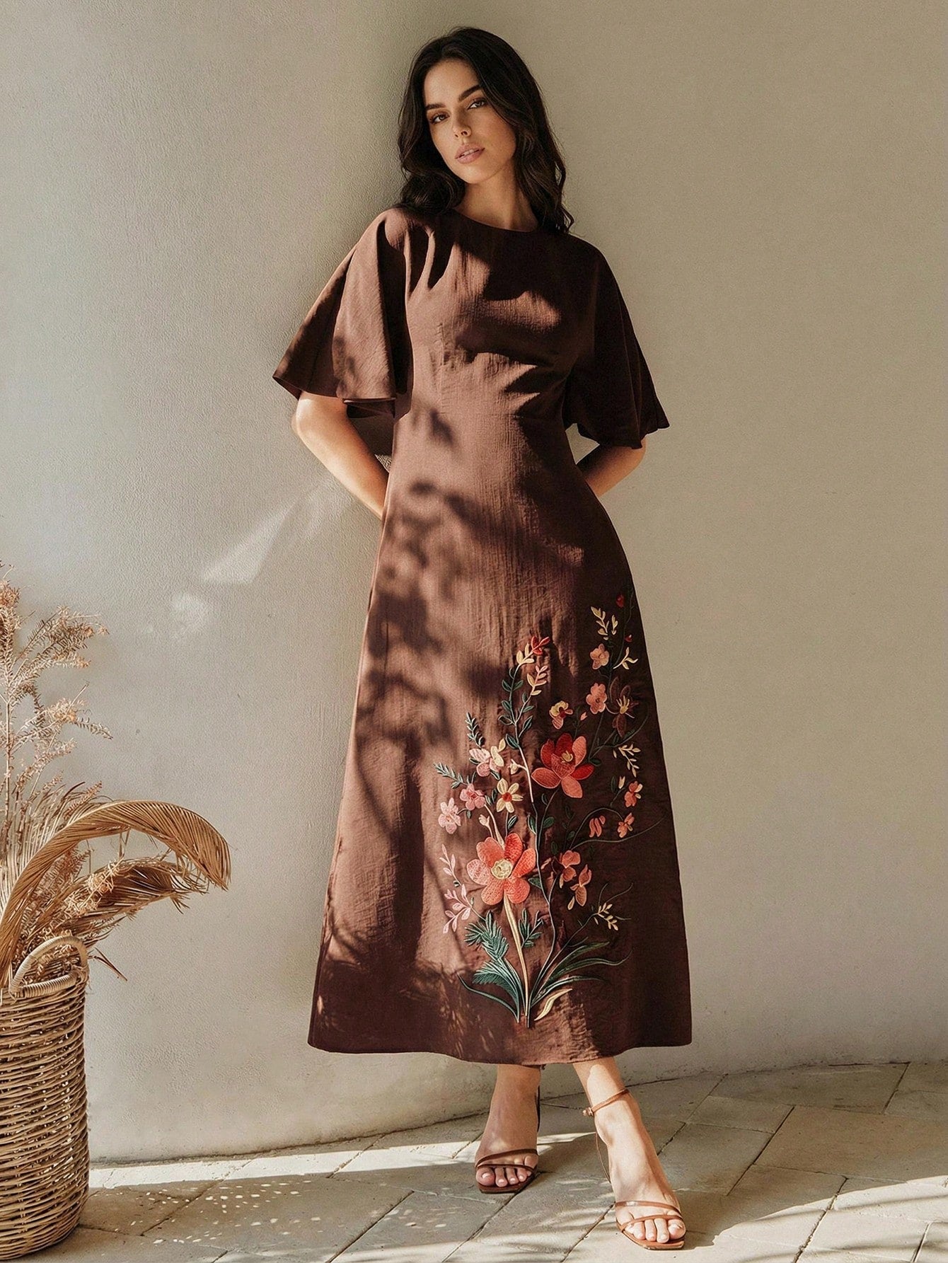 Anewsta Summer Women's Round Neck Short Sleeve Heavy Embroidery Apricot Long Elegant Dress, Elegant Dresses For Women, Apricot Dress