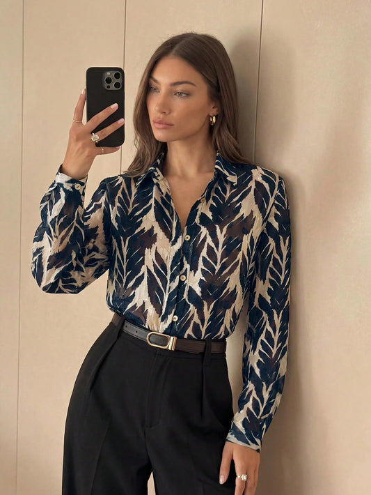 Anewsta Vintage Elegant Tree Shadow & Leaf Tropical Print Chiffon Loose Long Sleeve Women Blouse