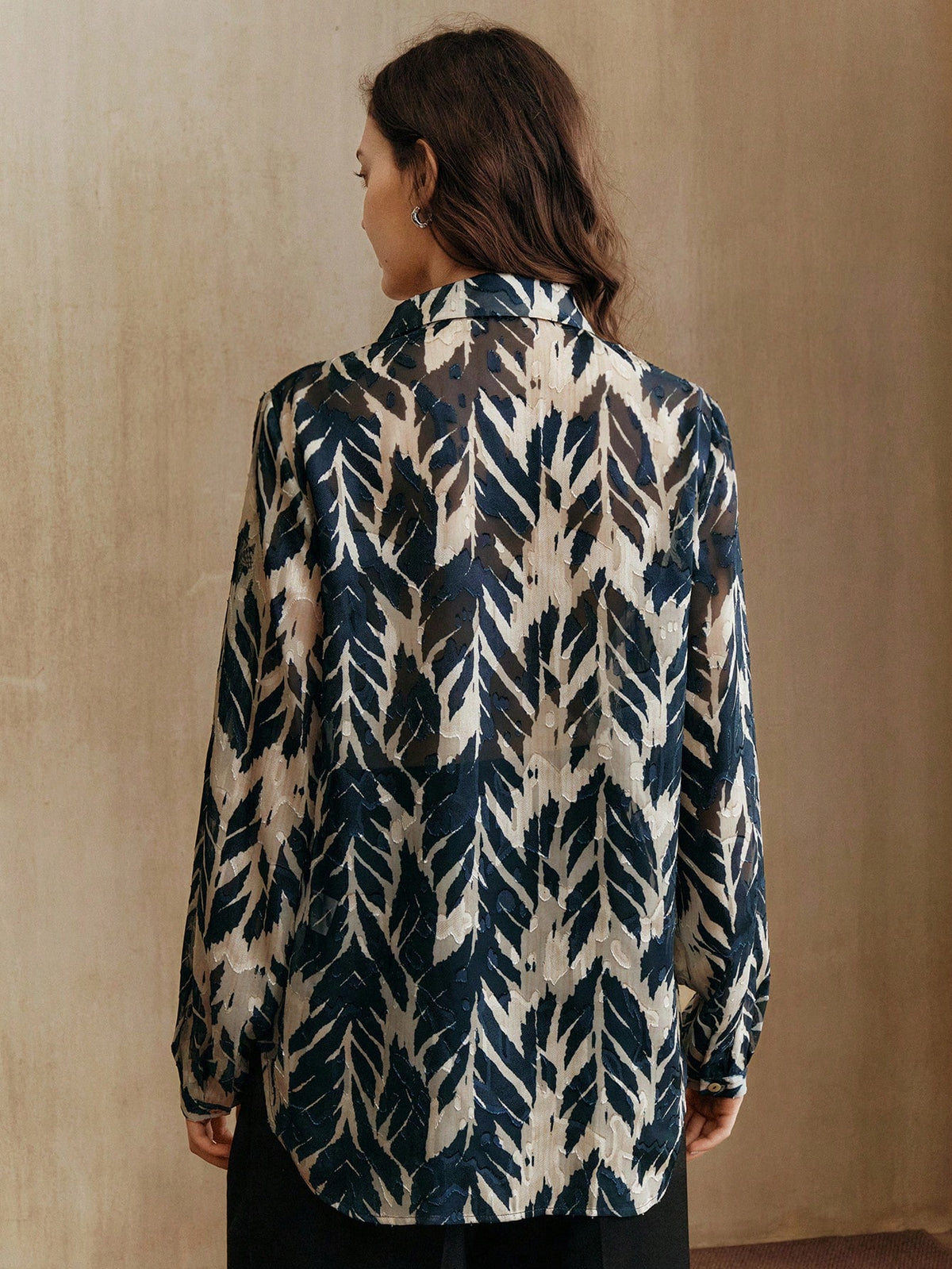 Anewsta Vintage Elegant Tree Shadow & Leaf Tropical Print Chiffon Loose Long Sleeve Women Blouse