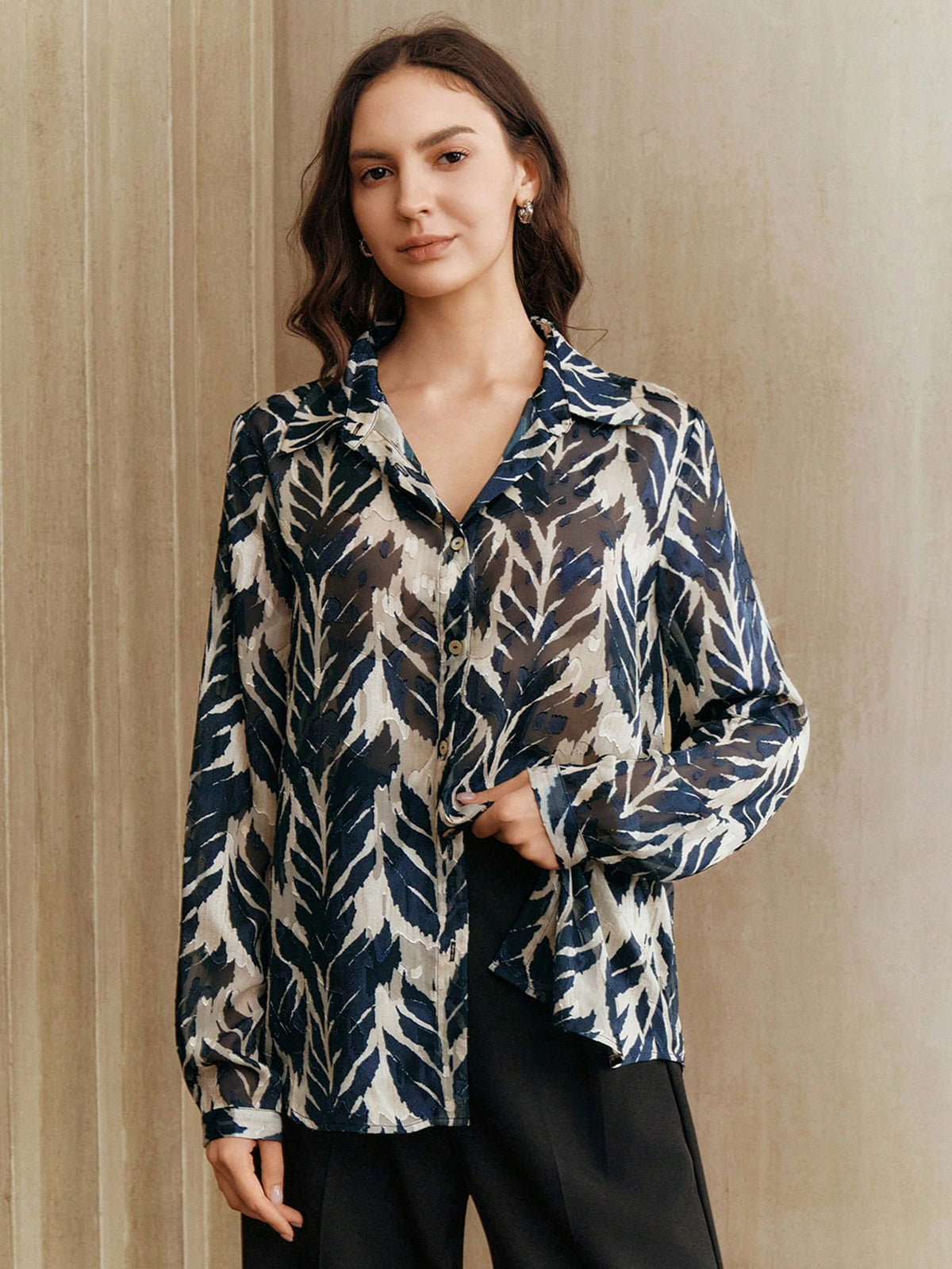 Anewsta Vintage Elegant Tree Shadow & Leaf Tropical Print Chiffon Loose Long Sleeve Women Blouse