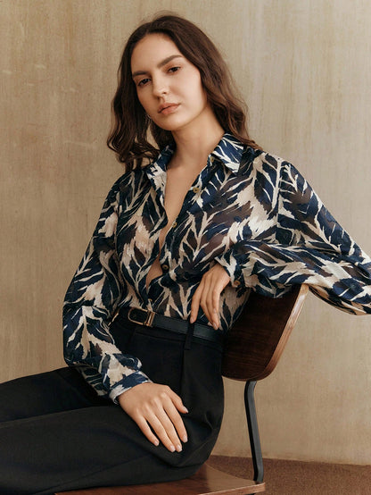 Anewsta Vintage Elegant Tree Shadow & Leaf Tropical Print Chiffon Loose Long Sleeve Women Blouse