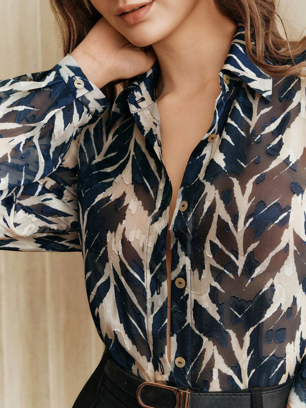 Anewsta Vintage Elegant Tree Shadow & Leaf Tropical Print Chiffon Loose Long Sleeve Women Blouse