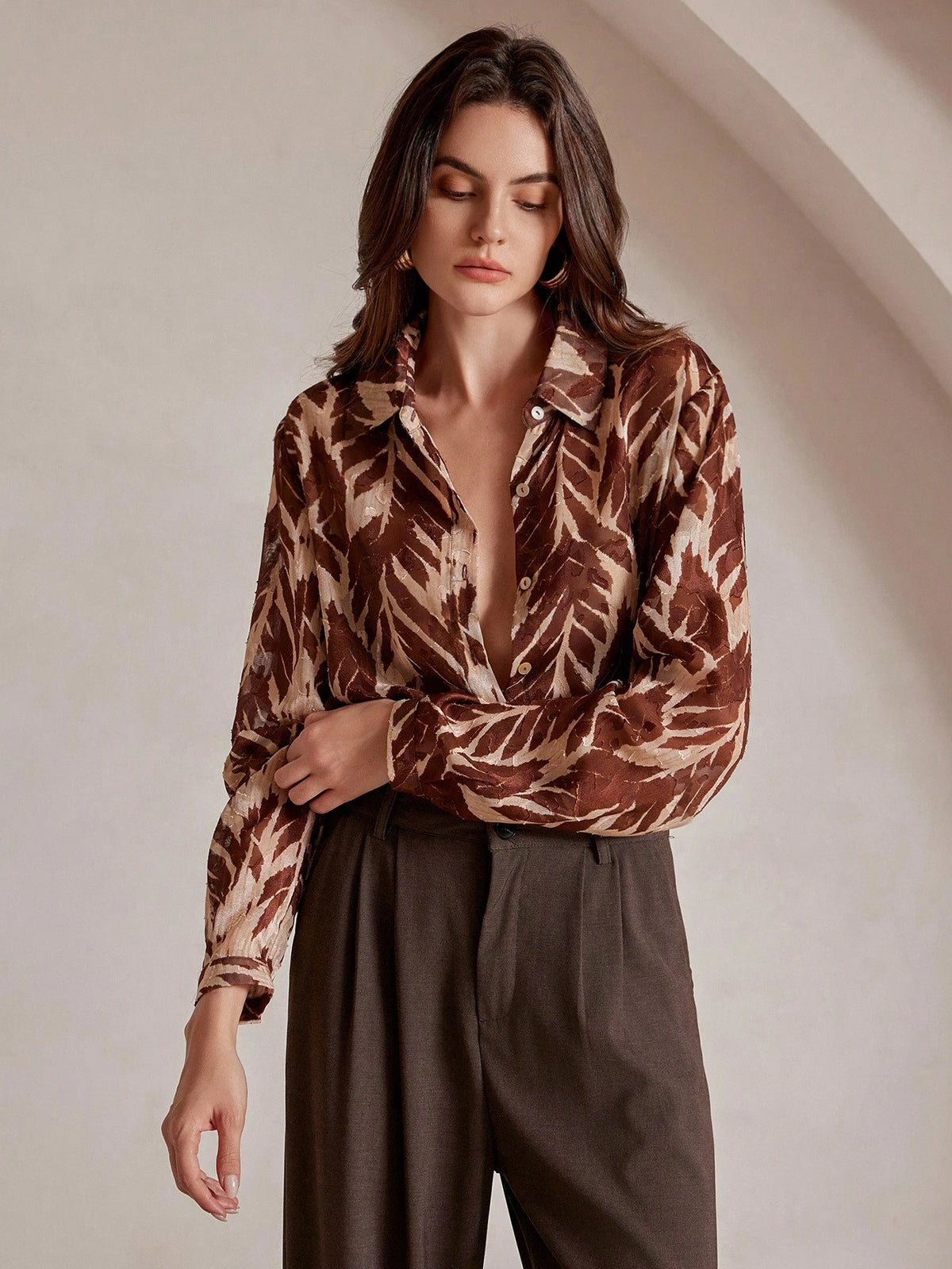 Anewsta Vintage Elegant Tree Shadow & Leaf Tropical Print Chiffon Loose Long Sleeve Women Blouse