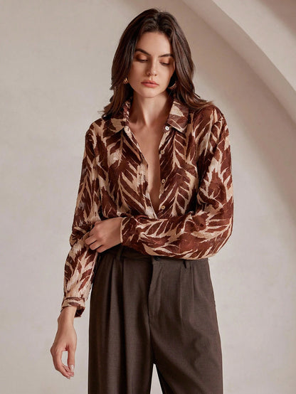 Anewsta Vintage Elegant Tree Shadow & Leaf Tropical Print Chiffon Loose Long Sleeve Women Blouse