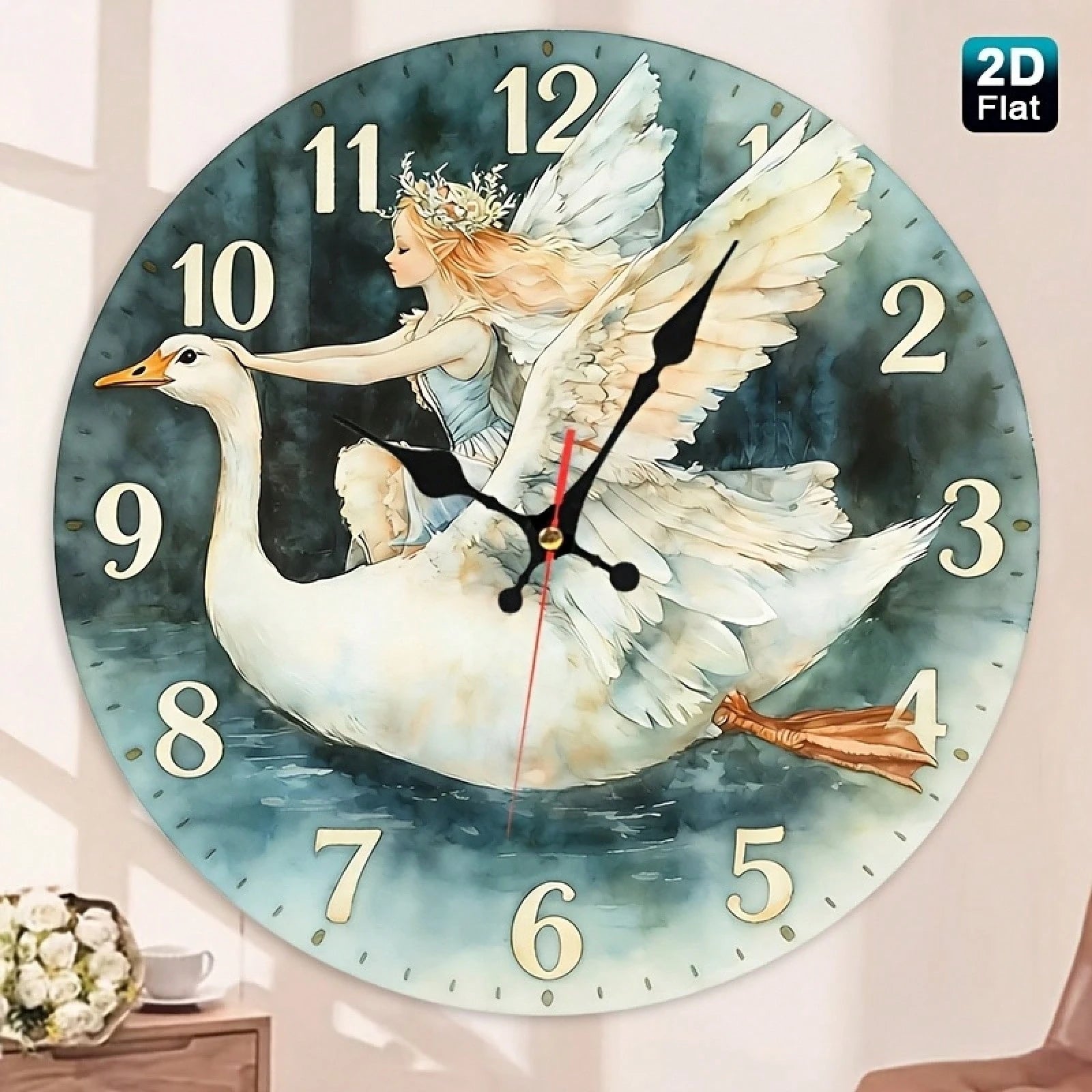 Angel Girl And Swan Nursery Wall Clock- Wooden Round Battery Operated (AA Batteries Not Included), Suitable For Room Decoration