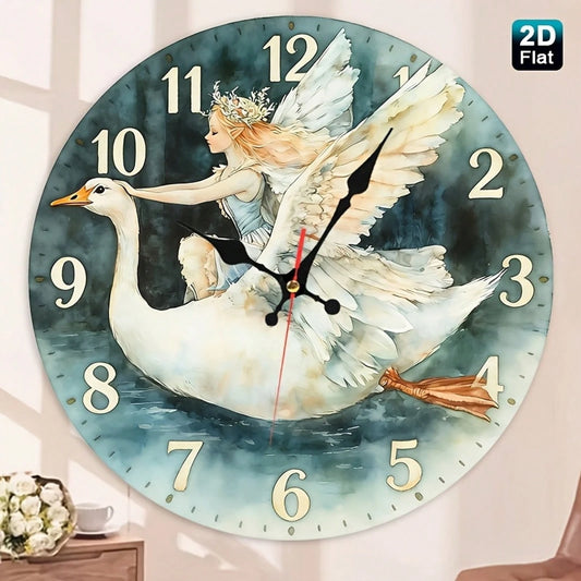 Angel Girl And Swan Nursery Wall Clock- Wooden Round Battery Operated (AA Batteries Not Included), Suitable For Room Decoration
