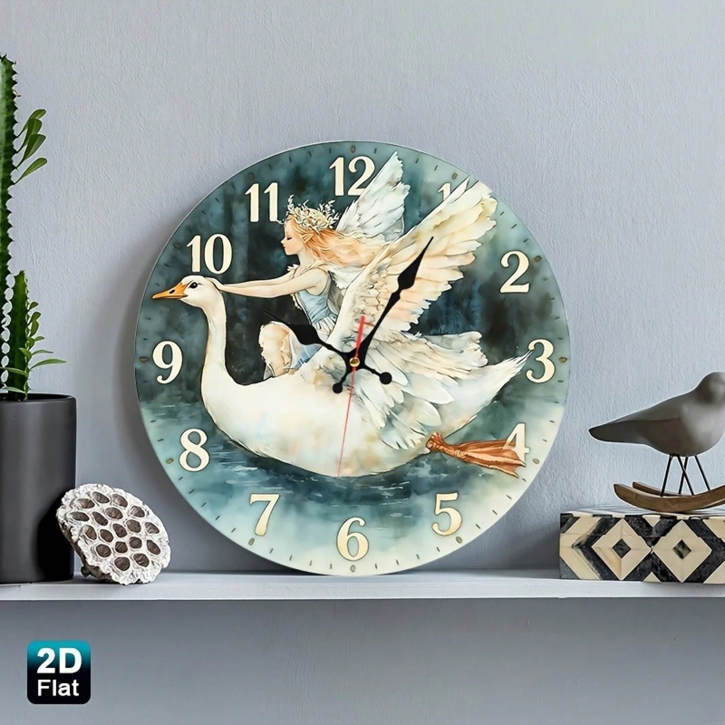 Angel Girl And Swan Nursery Wall Clock- Wooden Round Battery Operated (AA Batteries Not Included), Suitable For Room Decoration