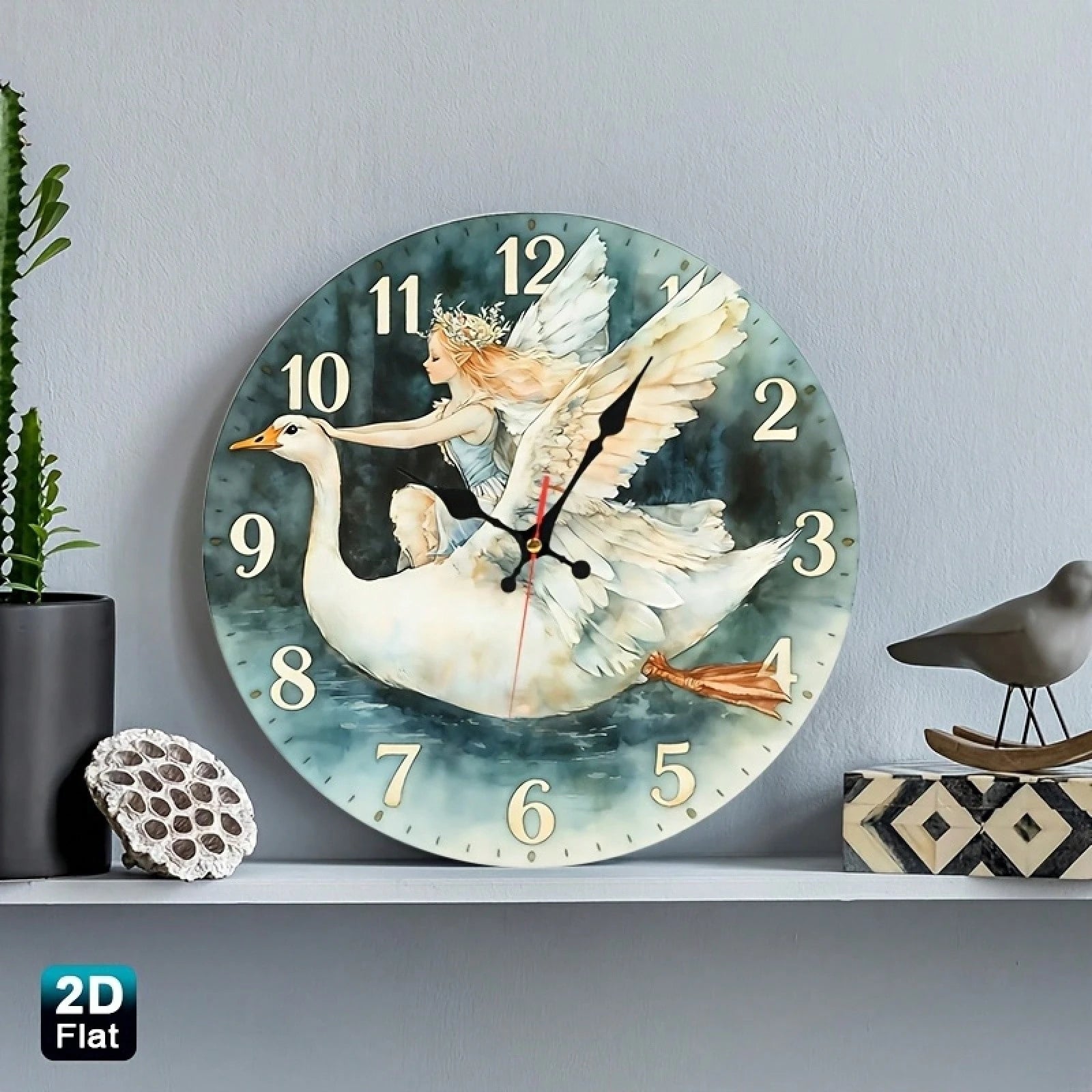 Angel Girl And Swan Nursery Wall Clock- Wooden Round Battery Operated (AA Batteries Not Included), Suitable For Room Decoration