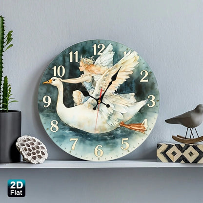 Angel Girl And Swan Nursery Wall Clock- Wooden Round Battery Operated (AA Batteries Not Included), Suitable For Room Decoration