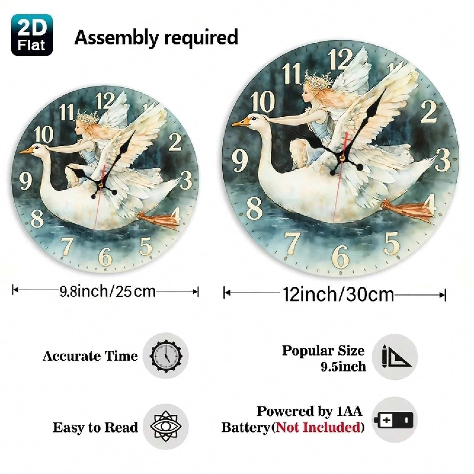 Angel Girl And Swan Nursery Wall Clock- Wooden Round Battery Operated (AA Batteries Not Included), Suitable For Room Decoration