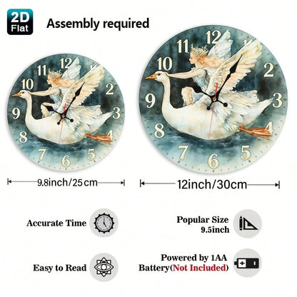 Angel Girl And Swan Nursery Wall Clock- Wooden Round Battery Operated (AA Batteries Not Included), Suitable For Room Decoration