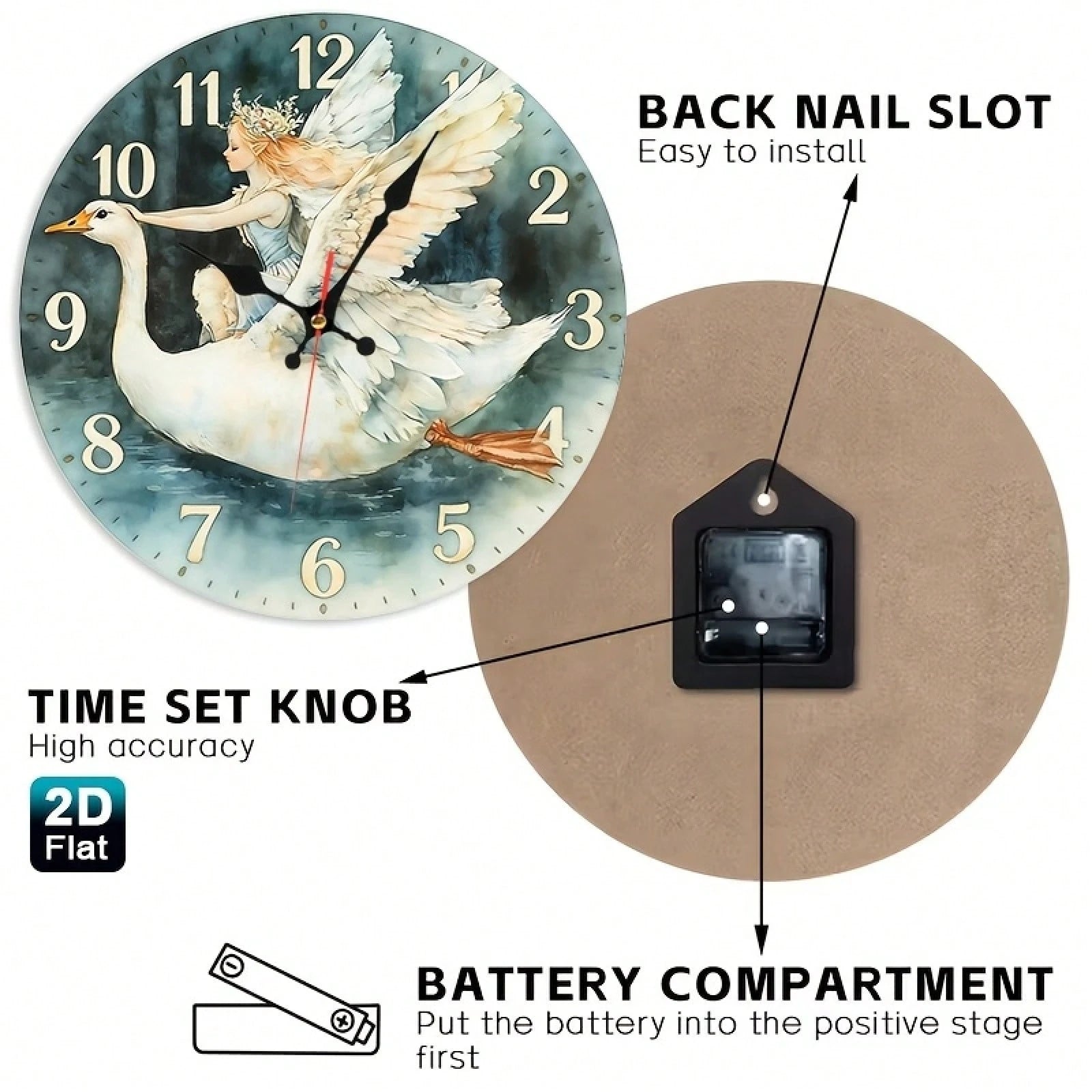 Angel Girl And Swan Nursery Wall Clock- Wooden Round Battery Operated (AA Batteries Not Included), Suitable For Room Decoration