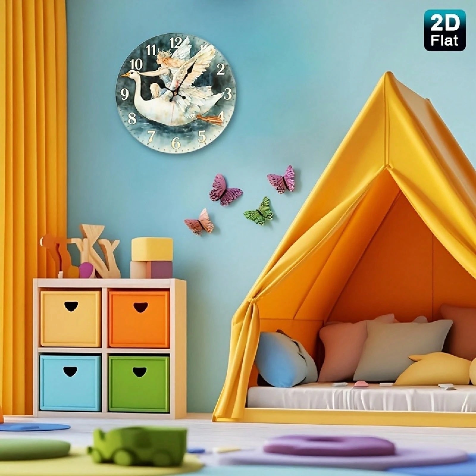 Angel Girl And Swan Nursery Wall Clock- Wooden Round Battery Operated (AA Batteries Not Included), Suitable For Room Decoration
