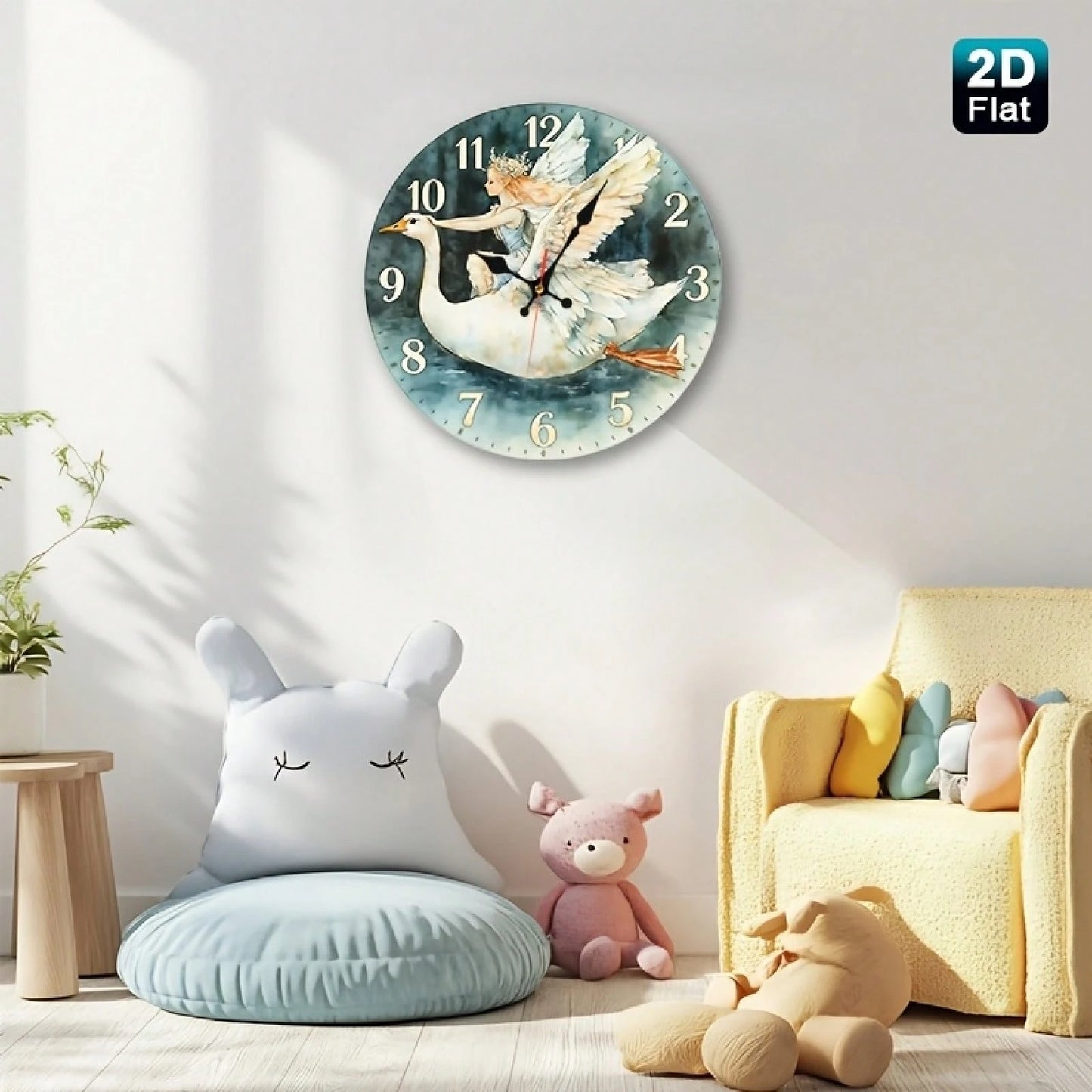 Angel Girl And Swan Nursery Wall Clock- Wooden Round Battery Operated (AA Batteries Not Included), Suitable For Room Decoration