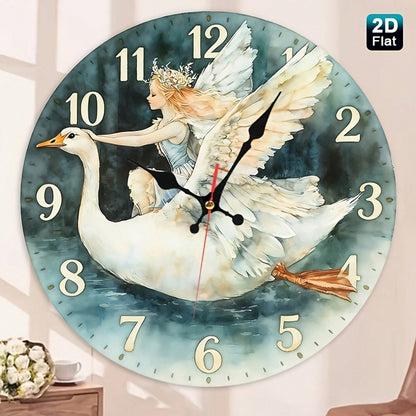 Angel Girl And Swan Nursery Wall Clock- Wooden Round Battery Operated (AA Batteries Not Included), Suitable For Room Decoration