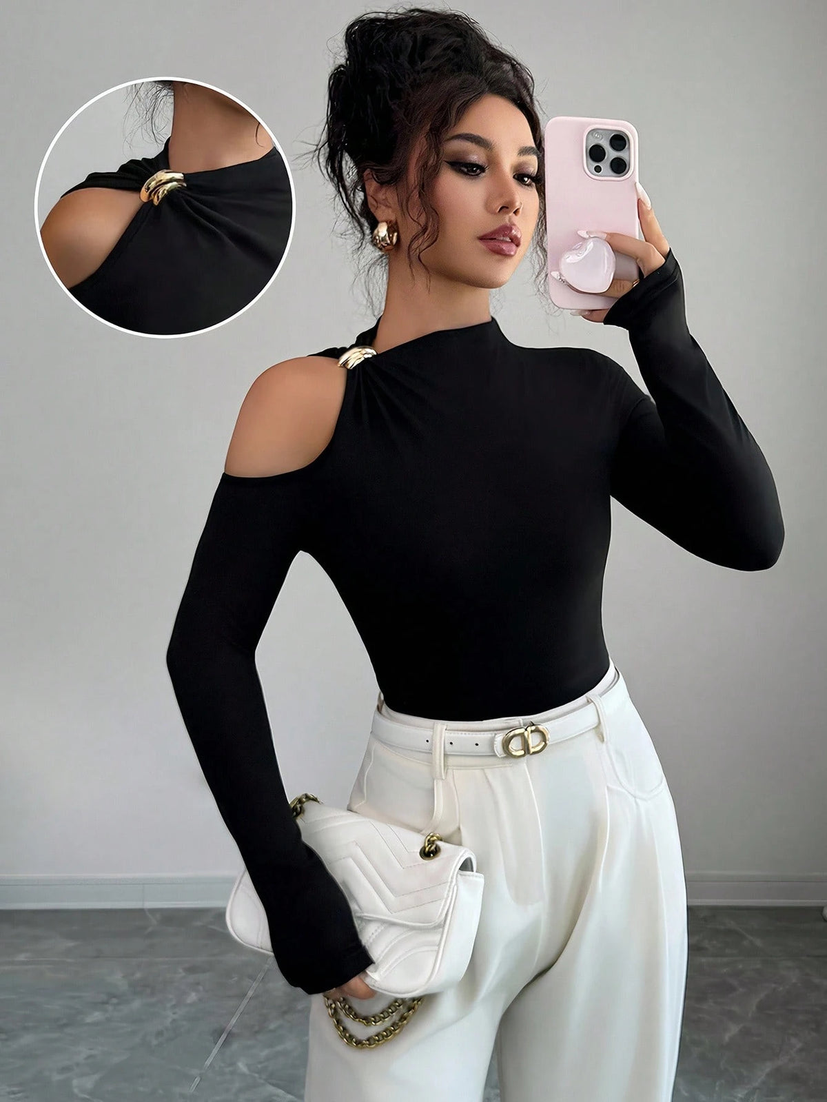 Arcane Artistry Fitted Sexy Metal Decor Hollow Out Off Shoulder Long Sleeve T-Shirt Fall Cloth For Women