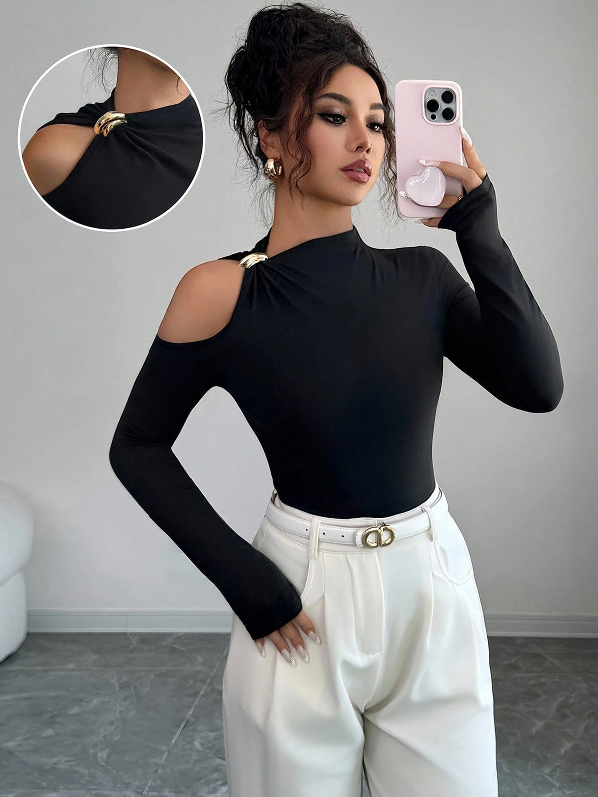 Arcane Artistry Fitted Sexy Metal Decor Hollow Out Off Shoulder Long Sleeve T-Shirt Fall Cloth For Women