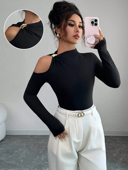 Arcane Artistry Fitted Sexy Metal Decor Hollow Out Off Shoulder Long Sleeve T-Shirt Fall Cloth For Women