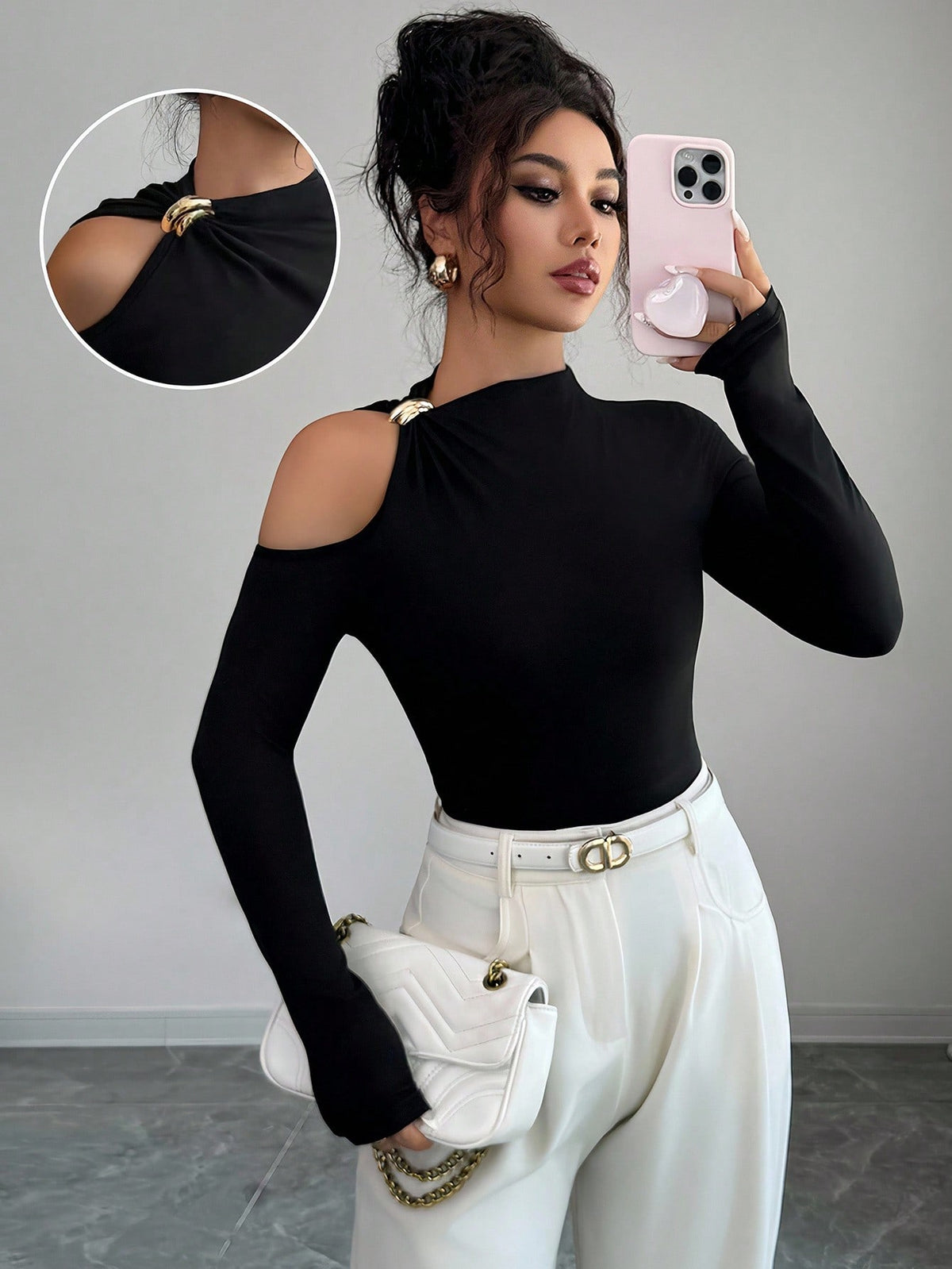 Arcane Artistry Fitted Sexy Metal Decor Hollow Out Off Shoulder Long Sleeve T-Shirt Fall Cloth For Women