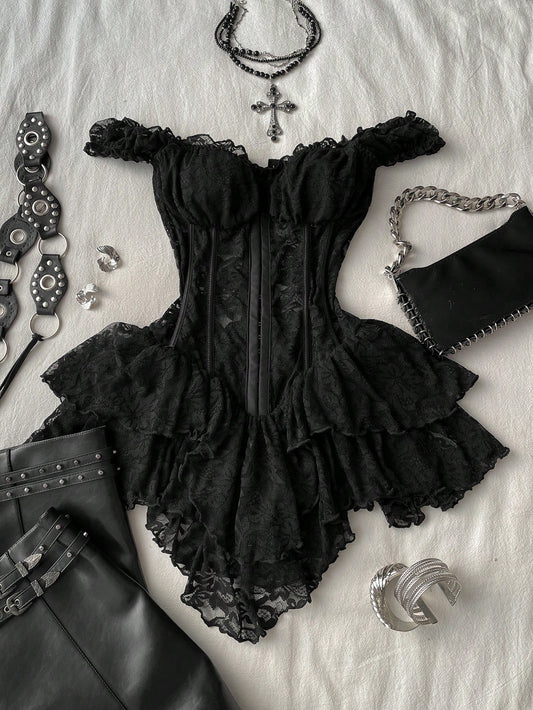 Attitoon Women's Black Summer Goth Corset Lace Bodycon Mini Dress,Vintage Y2K Asymmetrical Hem Elegant Party & Casual,Night Club Music Festival Outfits