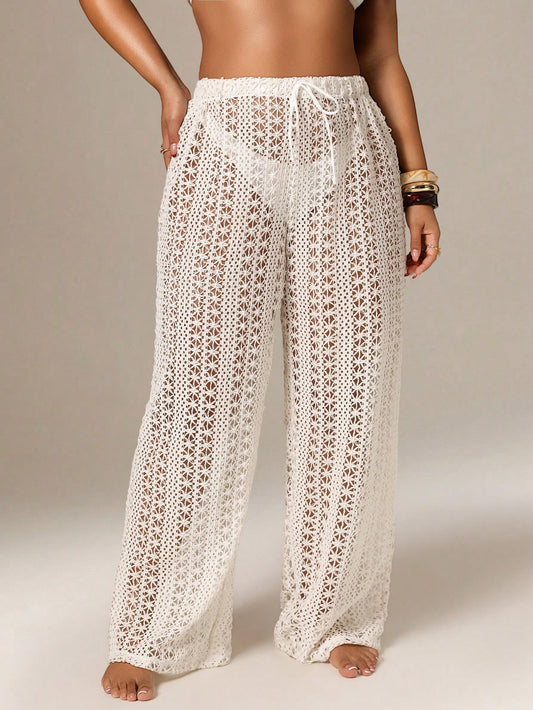 Auralis Plus Size Women Hollow Design Waist Tie Swimwear Pants Beach Vacation White Summer