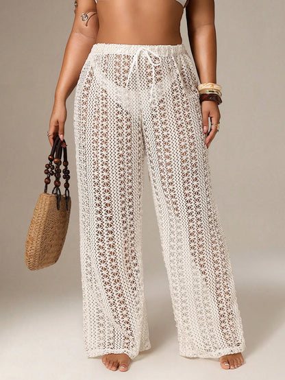 Auralis Plus Size Women Hollow Design Waist Tie Swimwear Pants Beach Vacation White Summer