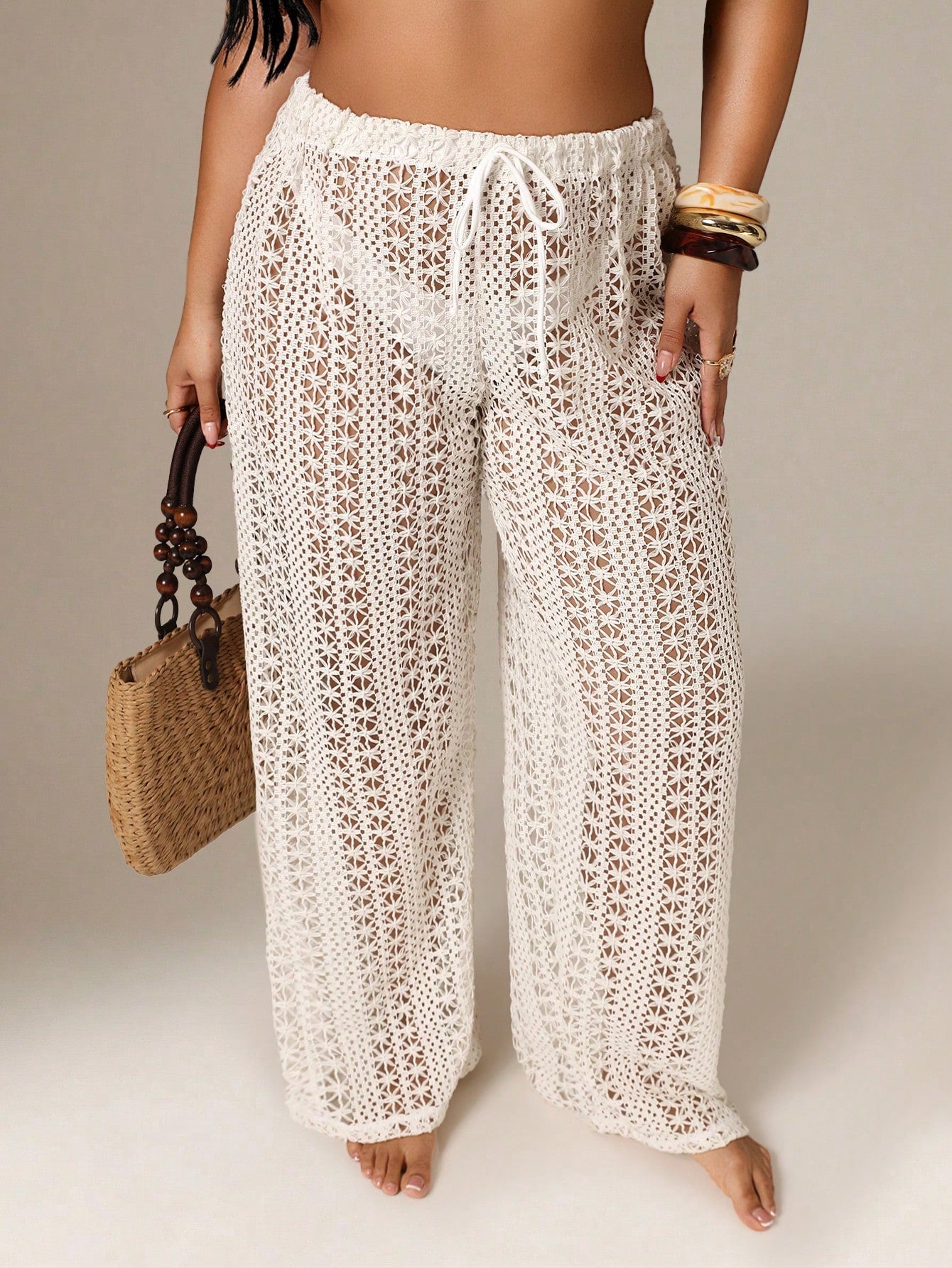 Auralis Plus Size Women Hollow Design Waist Tie Swimwear Pants Beach Vacation White Summer