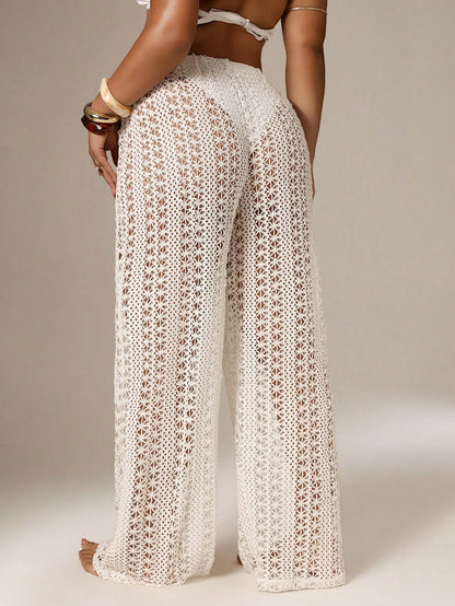 Auralis Plus Size Women Hollow Design Waist Tie Swimwear Pants Beach Vacation White Summer