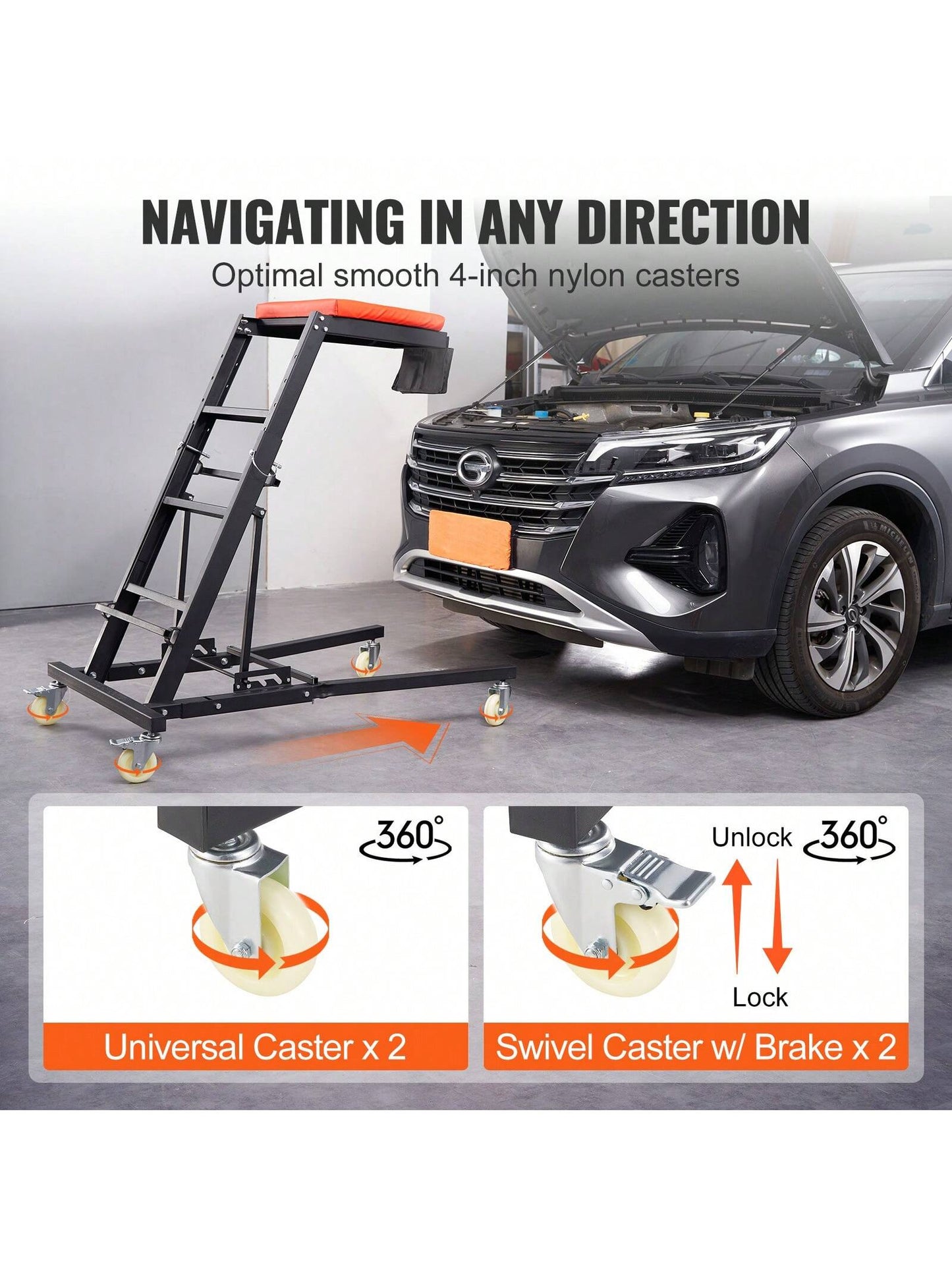 Automotive Top Creeper, With Adjustable Height, 400 LBS Capacity High Creeper, 4 Swivel Caster Wheels, Padded Deck, Foldable Creeper For Home Garage, Workshop Heavy Duty Creeper For Auto Repair And Ma