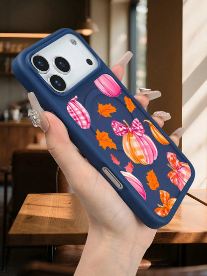 Autumn Pumpkin Plaid Bowknot Leaf Pattern Protective Magnetic Phone Case With Cute Fall Harvest Design Fashion Shockproof Back Cover Slim Fit Compatible With IPhone 17 Pro Max 17Air 17pro 17 17E 16E 1
