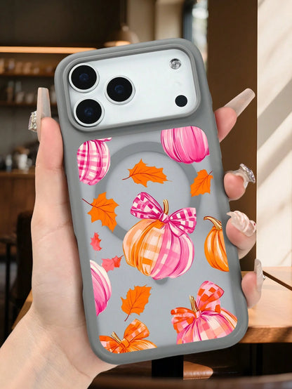Autumn Pumpkin Plaid Bowknot Leaf Pattern Protective Magnetic Phone Case With Cute Fall Harvest Design Fashion Shockproof Back Cover Slim Fit Compatible With IPhone 17 Pro Max 17Air 17pro 17 17E 16E 1