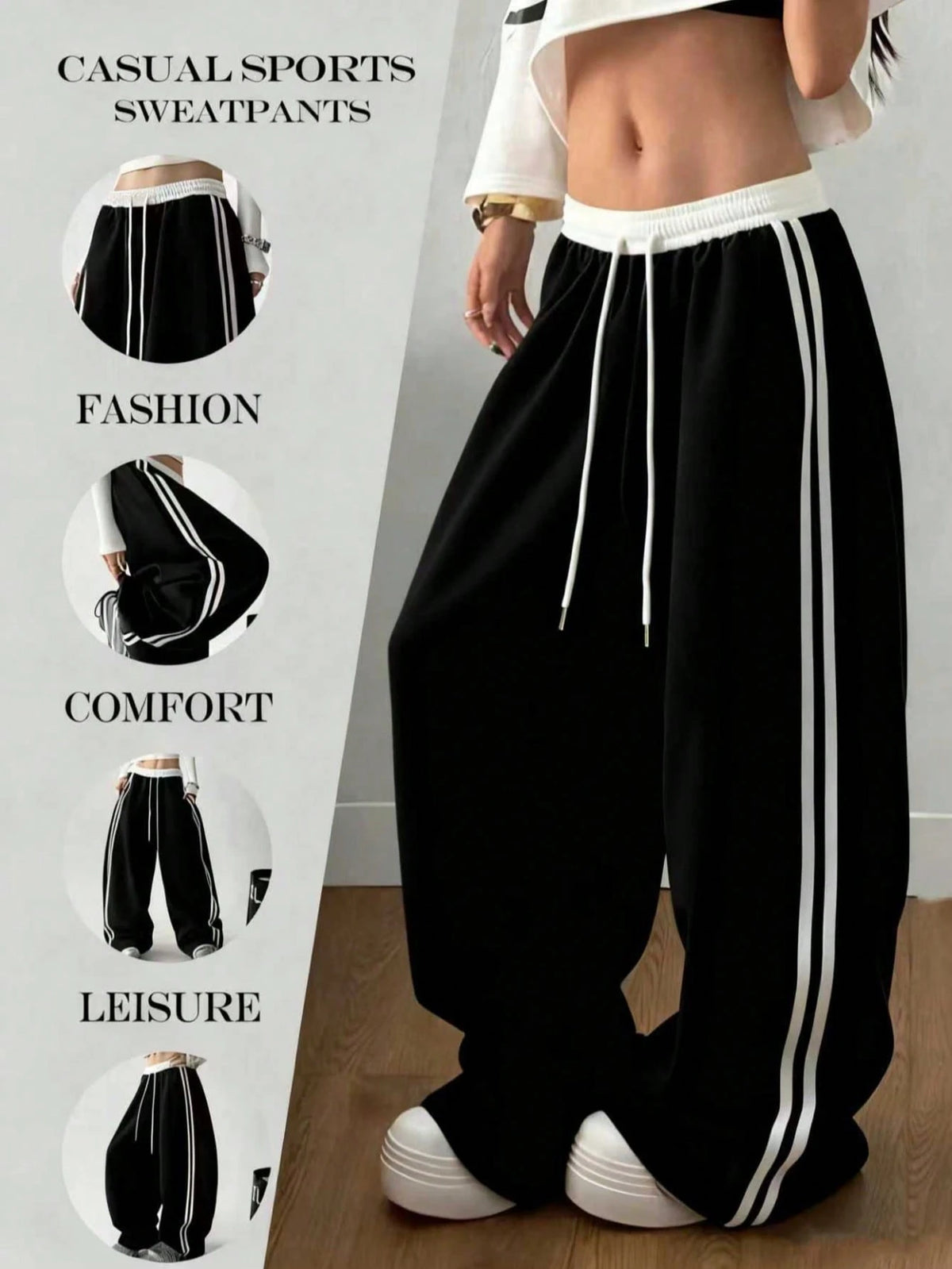 Autumn/Winter New Contrast Color Drawstring Relaxed Daily Casual Pants, American High Waist Straight Leg Side Stripe Pocket Wide Leg Sweatpants Patchwork Slouchy Dance Sports Sweatpants Black Spring