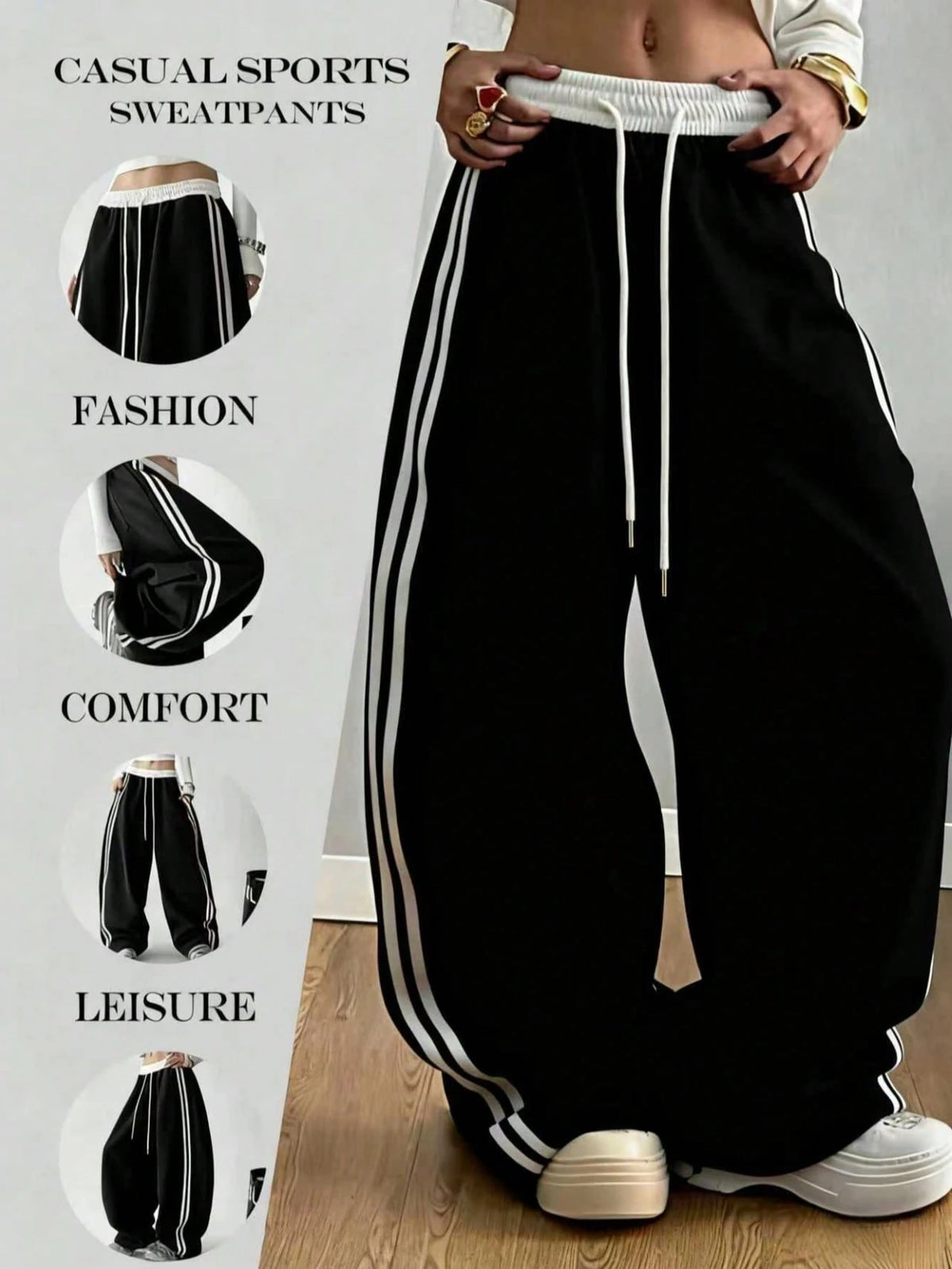 Autumn/Winter New Contrast Color Drawstring Relaxed Daily Casual Pants, American High Waist Straight Leg Side Stripe Pocket Wide Leg Sweatpants Patchwork Slouchy Dance Sports Sweatpants Black Spring