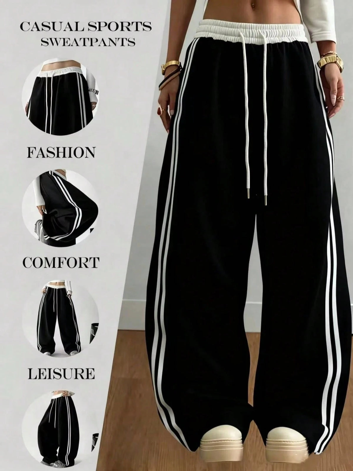 Autumn/Winter New Contrast Color Drawstring Relaxed Daily Casual Pants, American High Waist Straight Leg Side Stripe Pocket Wide Leg Sweatpants Patchwork Slouchy Dance Sports Sweatpants Black Spring