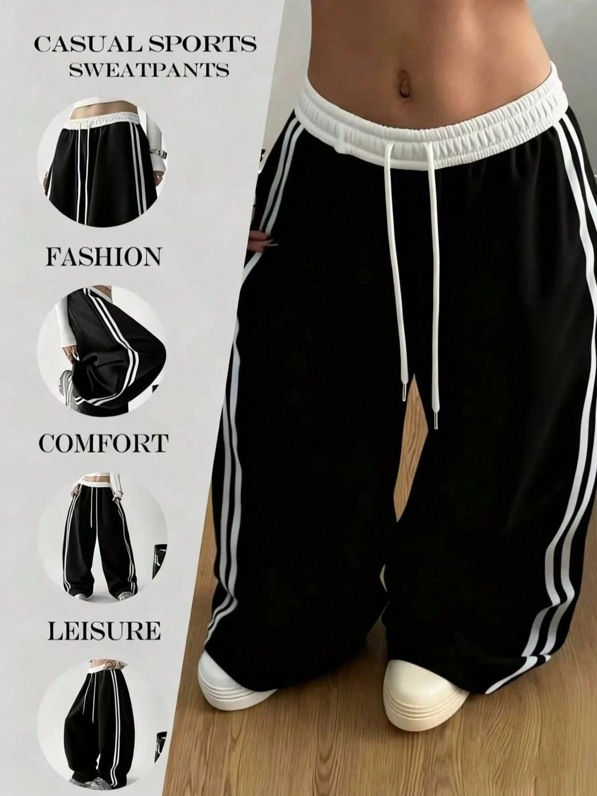 Autumn/Winter New Contrast Color Drawstring Relaxed Daily Casual Pants, American High Waist Straight Leg Side Stripe Pocket Wide Leg Sweatpants Patchwork Slouchy Dance Sports Sweatpants Black Spring