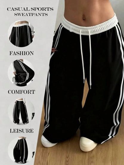 Autumn/Winter New Contrast Color Drawstring Relaxed Daily Casual Pants, American High Waist Straight Leg Side Stripe Pocket Wide Leg Sweatpants Patchwork Slouchy Dance Sports Sweatpants Black Spring