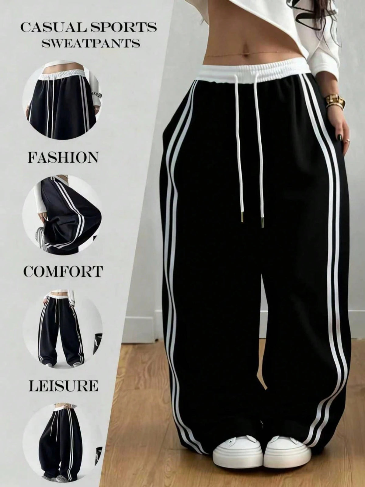 Autumn/Winter New Contrast Color Drawstring Relaxed Daily Casual Pants, American High Waist Straight Leg Side Stripe Pocket Wide Leg Sweatpants Patchwork Slouchy Dance Sports Sweatpants Black Spring