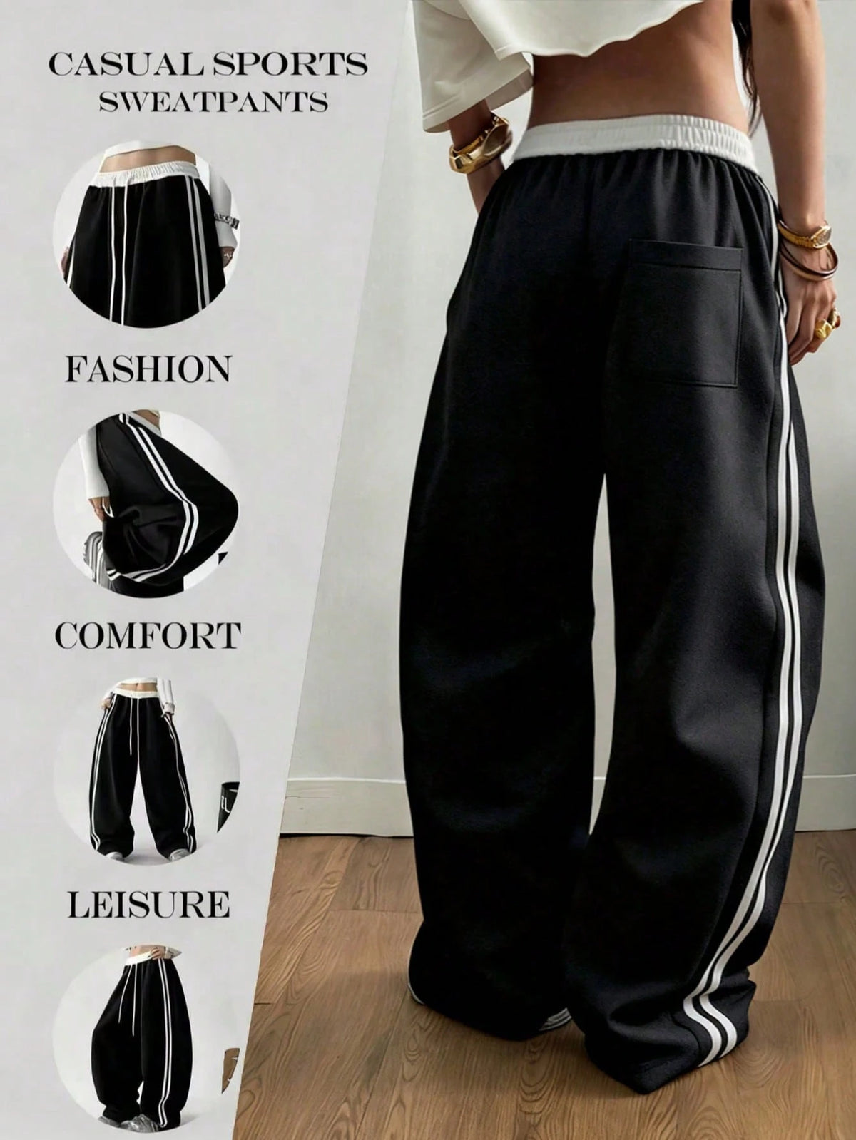 Autumn/Winter New Contrast Color Drawstring Relaxed Daily Casual Pants, American High Waist Straight Leg Side Stripe Pocket Wide Leg Sweatpants Patchwork Slouchy Dance Sports Sweatpants Black Spring