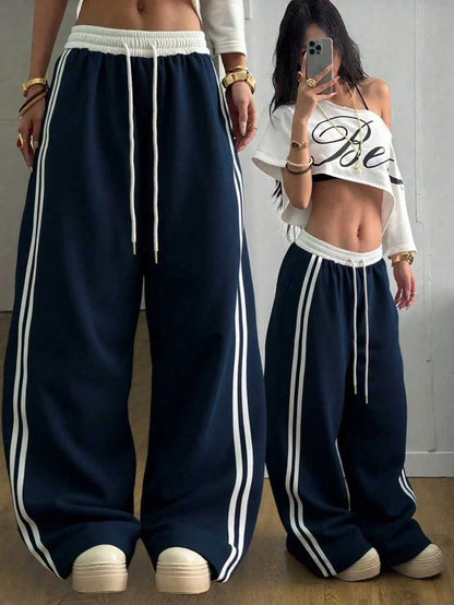 Autumn/Winter New Contrast Color Drawstring Relaxed Daily Casual Pants, American High Waist Straight Leg Side Stripe Pocket Wide Leg Sweatpants Patchwork Slouchy Dance Sports Sweatpants Black Spring