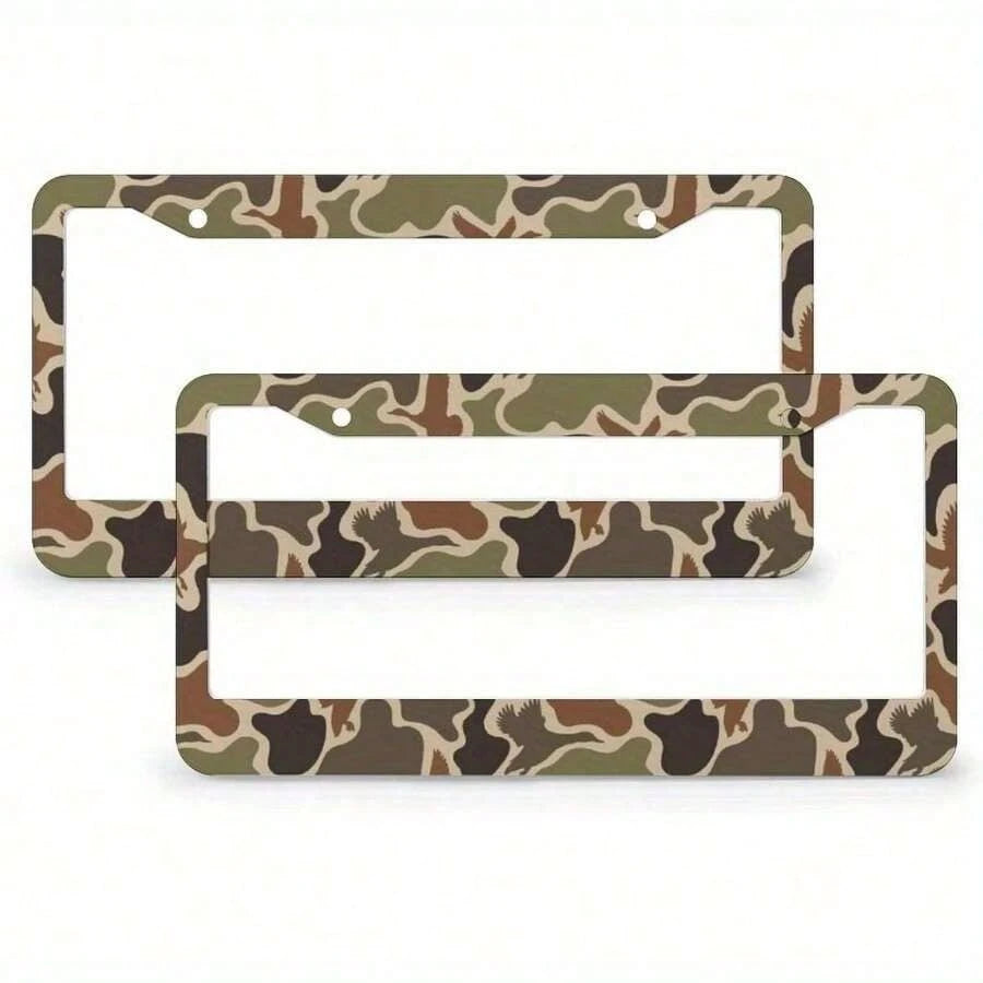 [Available] 2D Flat, 1 Piece 2D Flat Hunting Duck Camouflage Double-Hole Aluminum License Plate Frame- Rust-Proof, Unisex (122x6.3inch)- Standard American Car License Plate Protector, Hunting Theme