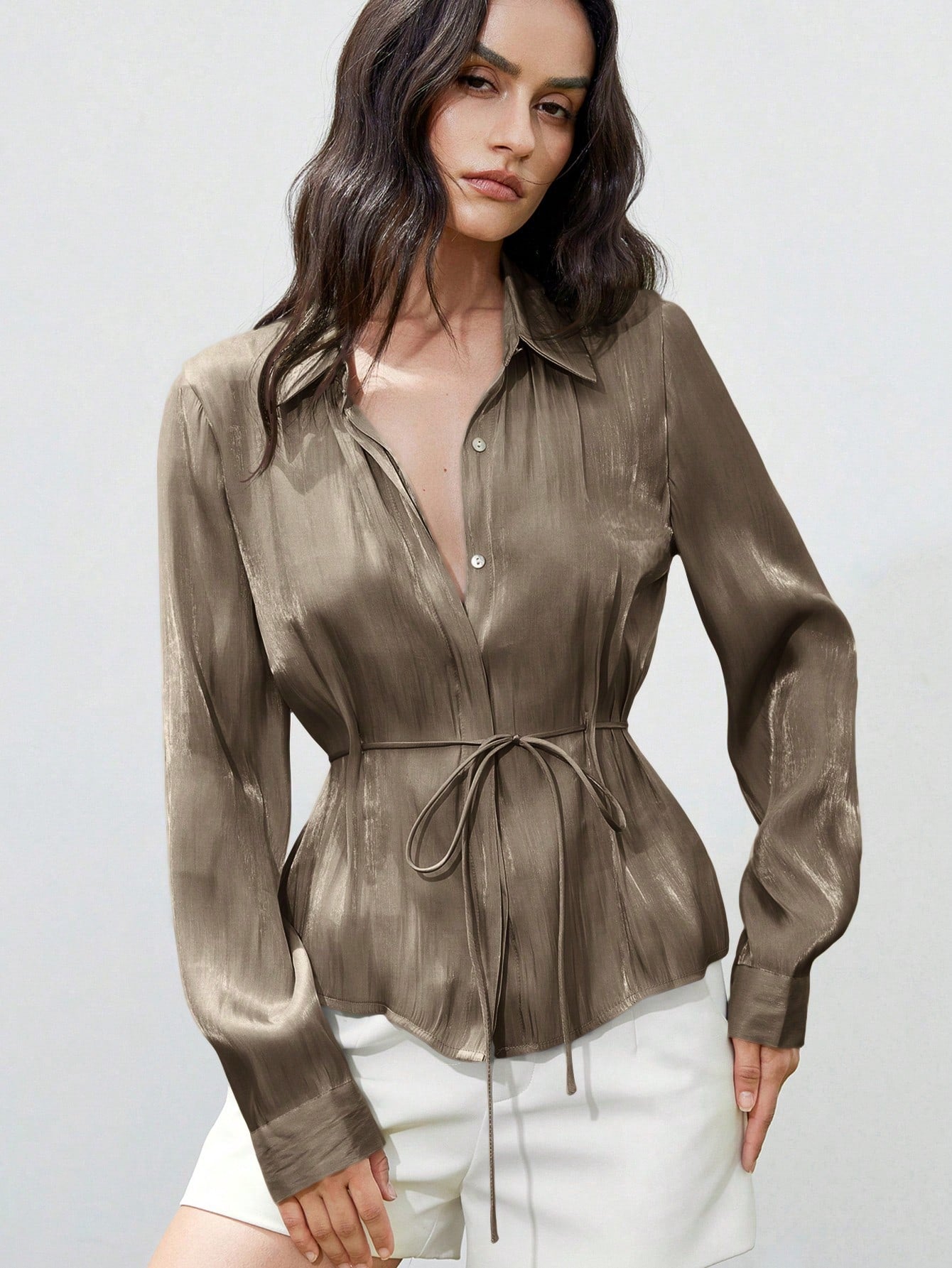 Aveloria Modichic New Fashionable Minimalist Elegant Women's Blouse With Lapel, Lustrous Satin Waist Drawstring, Slim Fit Long Sleeve Shirt