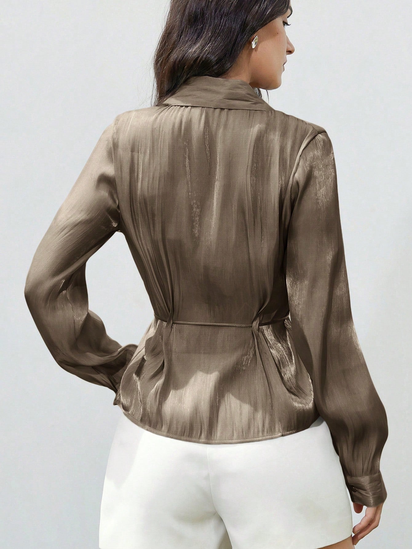 Aveloria Modichic New Fashionable Minimalist Elegant Women's Blouse With Lapel, Lustrous Satin Waist Drawstring, Slim Fit Long Sleeve Shirt