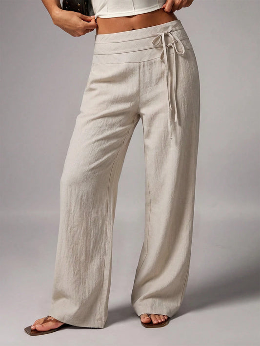 Avenya Beige Linen Wide Leg Pants For Women,Summer Casual Vacation Holiday Low Waist Maxi Pants With Dual Waist Tie,Boho Chic Elegant Loose-Fit Suit Pants