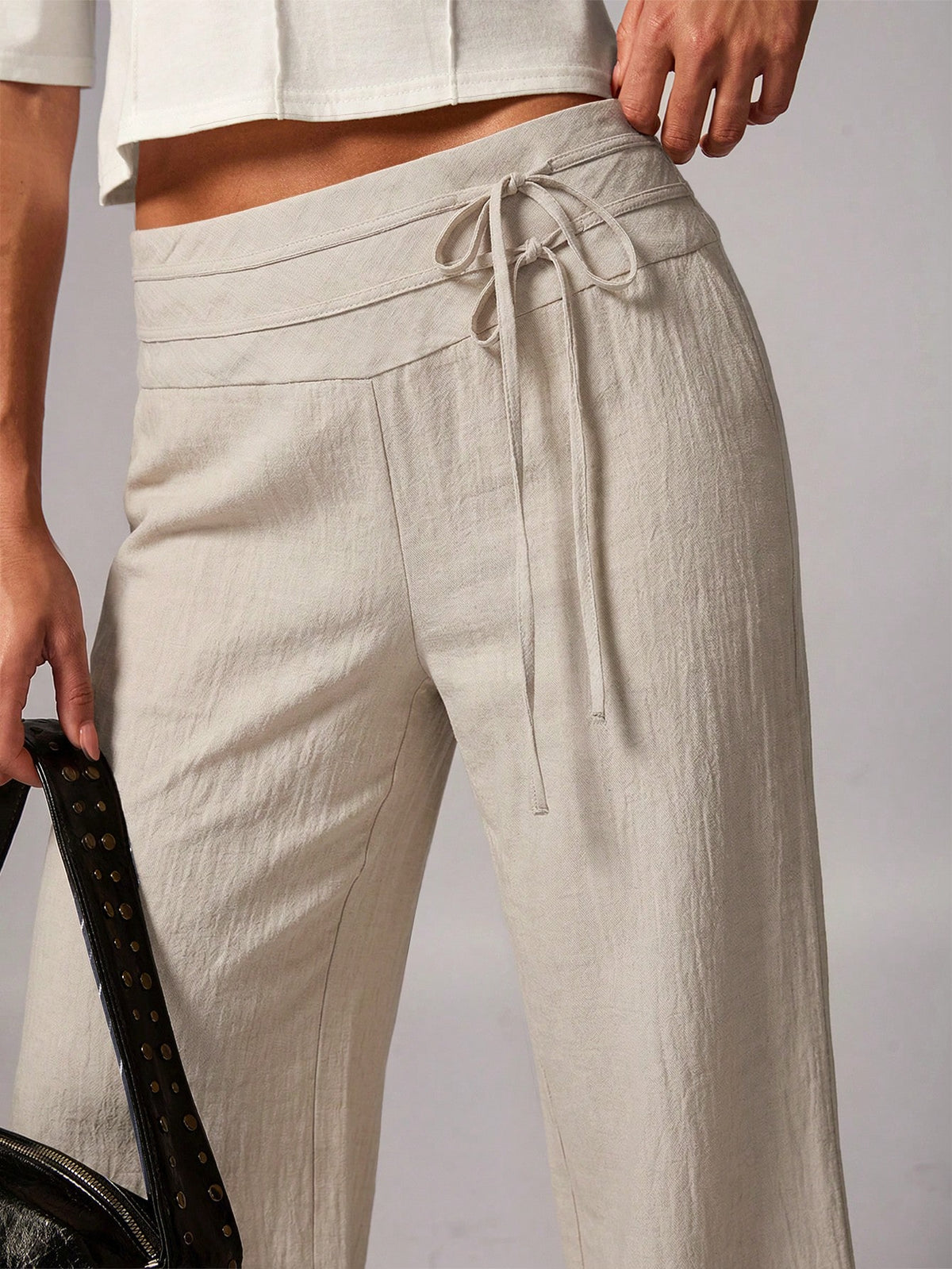 Avenya Beige Linen Wide Leg Pants For Women,Summer Casual Vacation Holiday Low Waist Maxi Pants With Dual Waist Tie,Boho Chic Elegant Loose-Fit Suit Pants