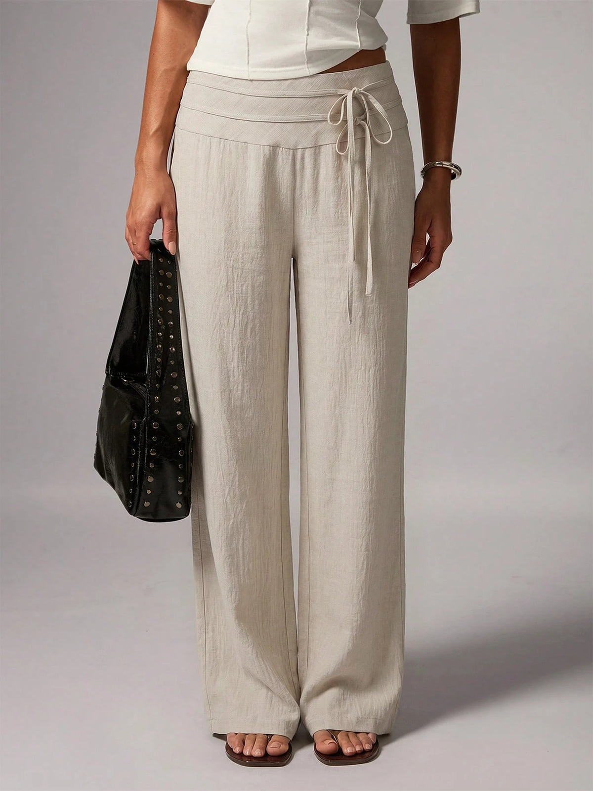 Avenya Beige Linen Wide Leg Pants For Women,Summer Casual Vacation Holiday Low Waist Maxi Pants With Dual Waist Tie,Boho Chic Elegant Loose-Fit Suit Pants